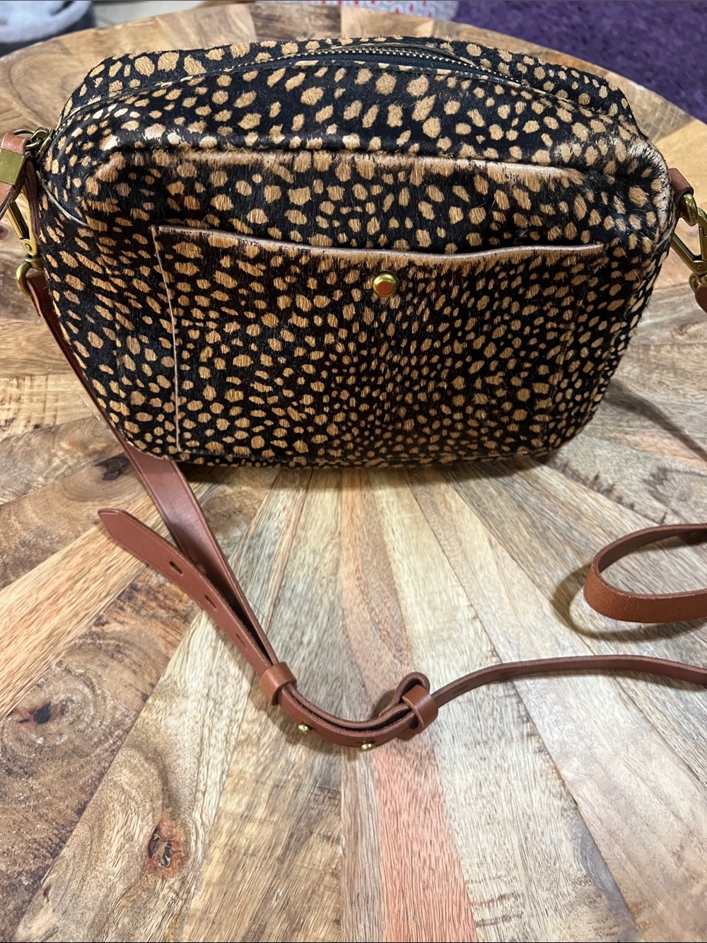 Madewell Leopard Print Bleached Cow Hide Fur Crossbody Bag with Brown Strap